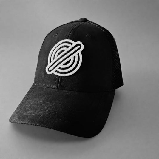 LOGO PUFF EMBROIDERED TRUCKER CAP - WHITE ON BLACK