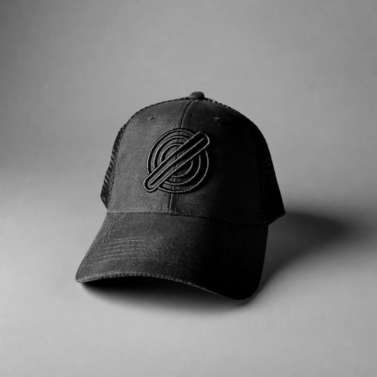 LOGO PUFF EMBROIDERED TRUCKER CAP - BLACK ON BLACK